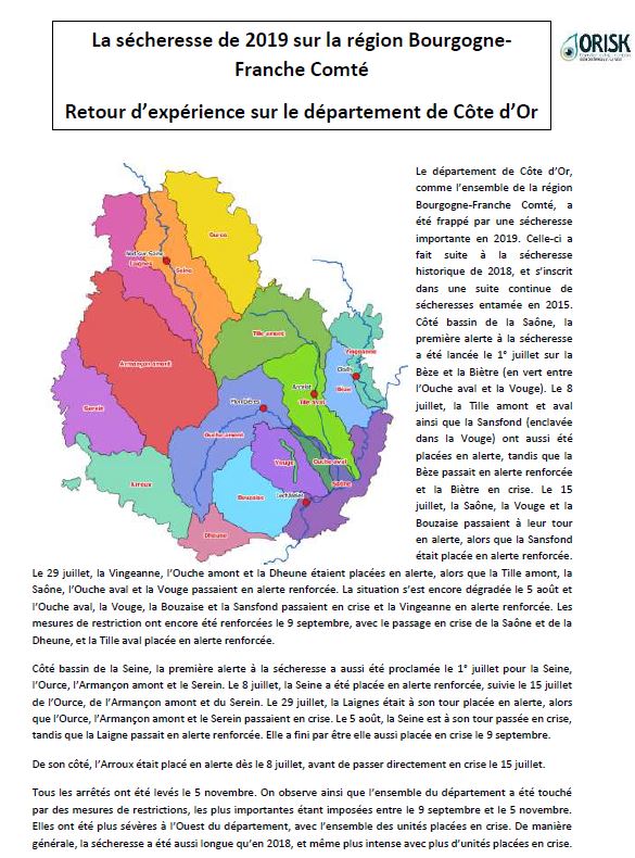 Retour d'expérience sur la sécheresse de 2019 sur le département de Côte d'Or: données hydrologiques (Saône, Ouche, Vingeanne, Seine, Tille), pluviométriques (Dijon, Châtillon-sur-Seine) et piézométriques (calcaires entre Ouche et Vingeanne à Bourberain)