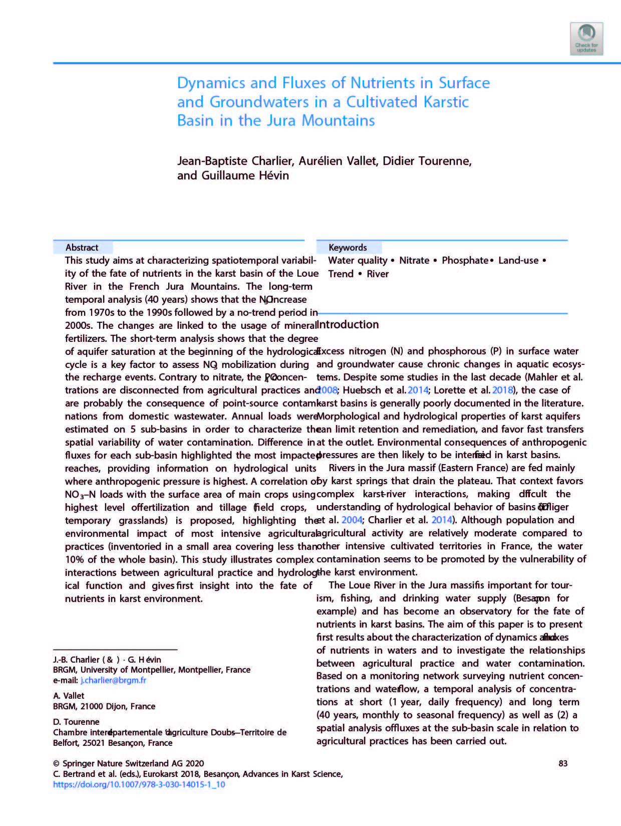 Paru dans C. Bertrand et al. (eds.), Eurokarst 2018, Besançon, Advances in Karst Science.