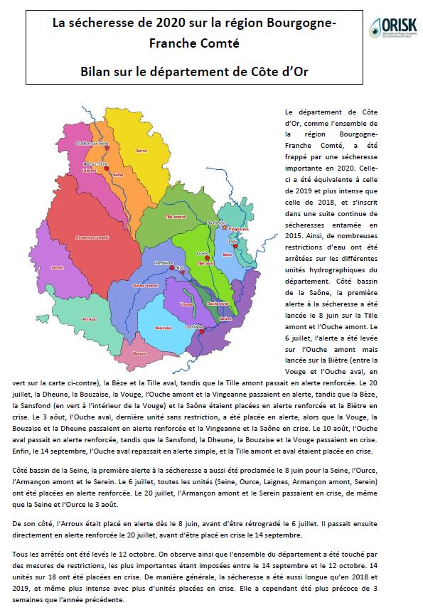 Retour sur la sécheresse de 2020 en Côte d'Or : données hydrologiques (Saône, Ouche, Tille, Seine, Vingeanne), pluviométriques (Dijon, Châtillon-sur-Seine) et piézométriques (calcaires Ouche-Vingeanne à Bourberain).