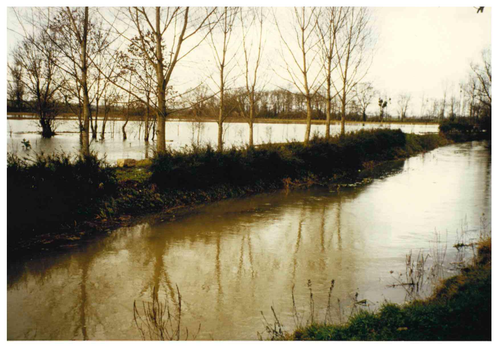 Crue du Crône, affluent de la Tille, en décembre 1996 à Pluvault (commune de Longeault-Pluvault) en Côte d'Or. 