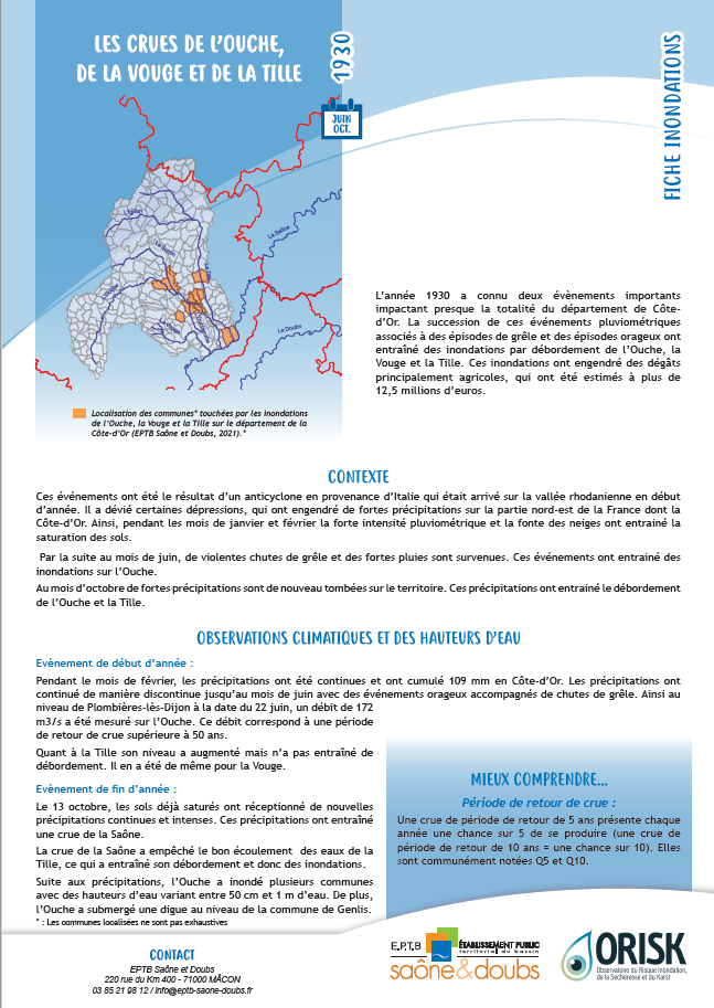 Fiches synthèse des crues de l'Ouche, de la Vouge et de la Tille
Juin et octobre 1930