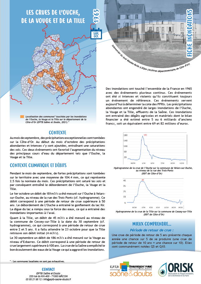 Fiches synthèse des crues de l'Ouche, de la Vouge et de la Tille
Septembre et octobre 1965