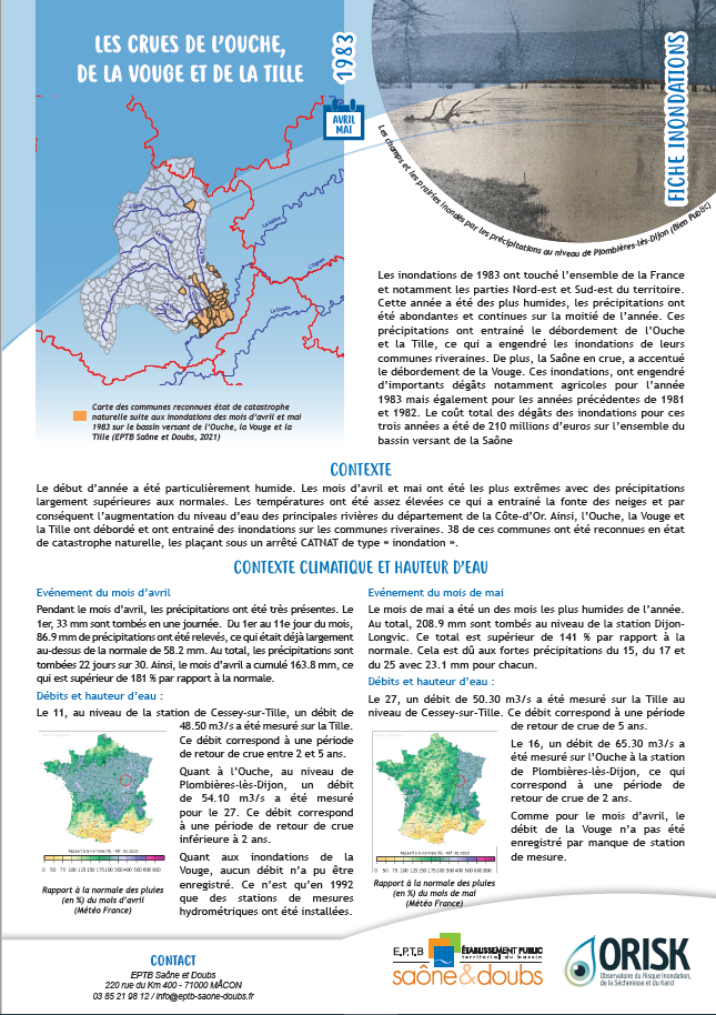 Fiches synthèse des crues de l'Ouche, de la Vouge et de la Tille
Avril et mai 1983