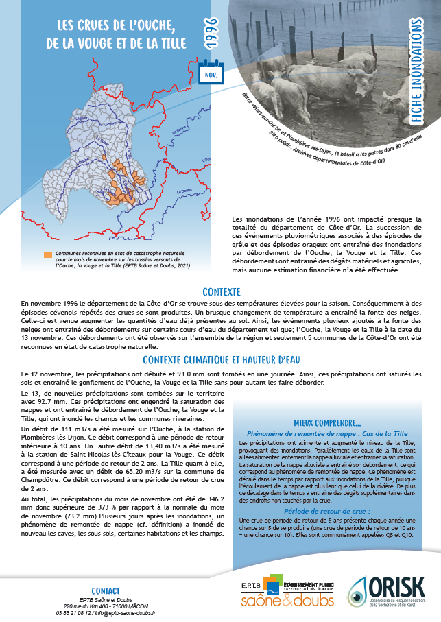 Fiches synthèse des crues de l'Ouche, de la Vouge et de la Tille
Novembre 1996