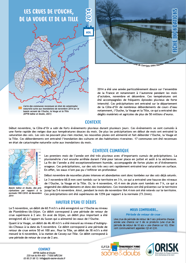 Fiches synthèse des crues de l'Ouche, de la Vouge et de la Tille
Novembre 2014