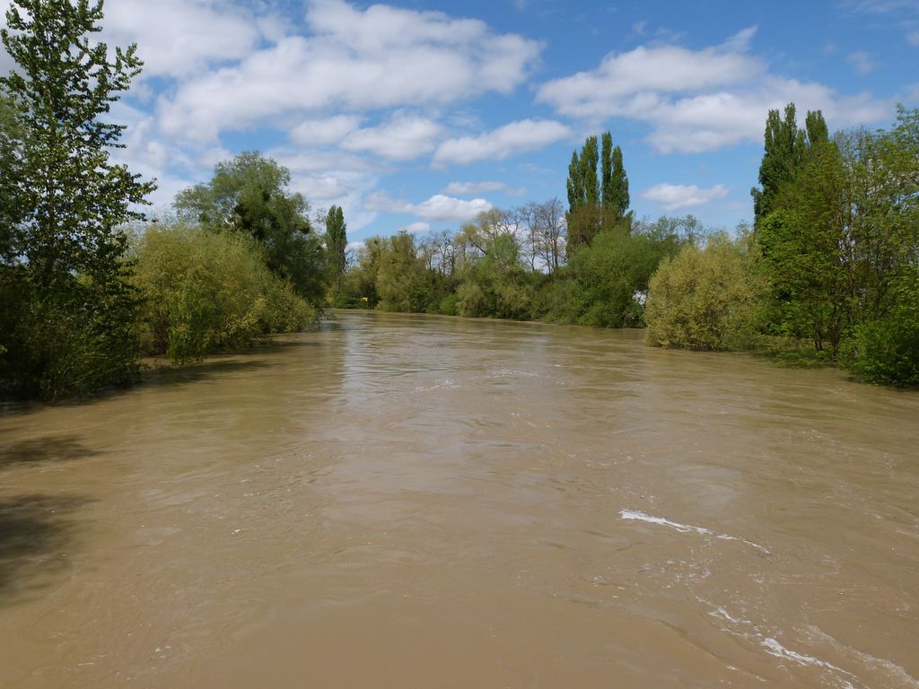 Crue de l'Armançon, en mai 2013, à Brienon sur Armançon, pont sur la route d'Auxerre, D 84, dans l'Yonne