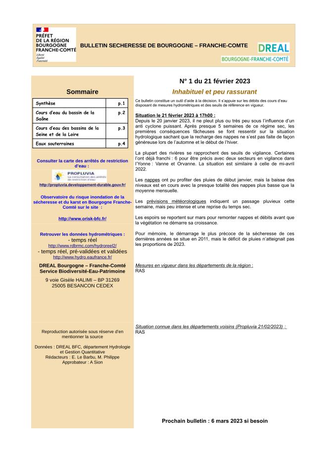 Bulletin Sécheresse de Bourgogne-Franche-Comté n°1 du 21 février 2023