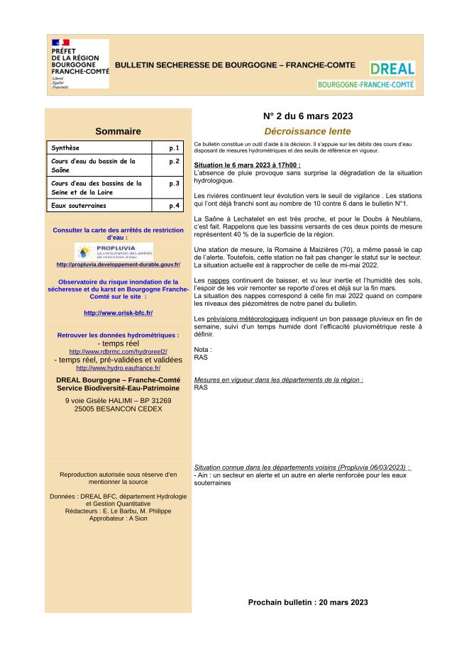 Bulletin Sécheresse de Bourgogne Franche Comté n°2 du 6 mars 2023