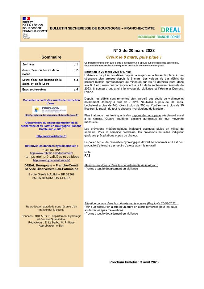 Bulletin Sécheresse de Bourgogne-Franche-Comté n°3 du 20 mars 2023