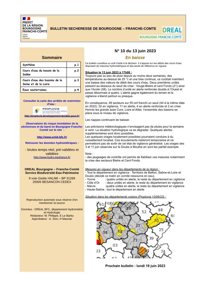 Bulletin sécheresse de Bourgogne-Franche-Comté n°10 du 13 juin 2023