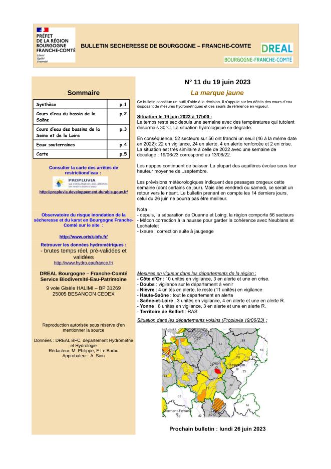 Bulletin sécheresse de Bourgogne-Franche-Comté n°11 du 19 juin 2023