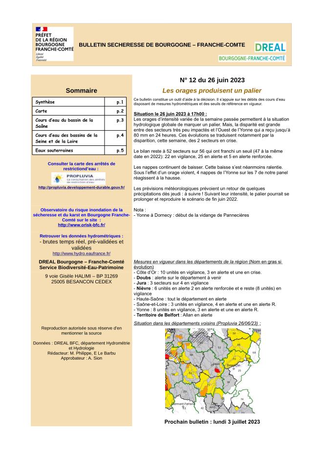 Bulletin sécheresse de Bourgogne-Franche-Comté n°12 du 26 juin 2023