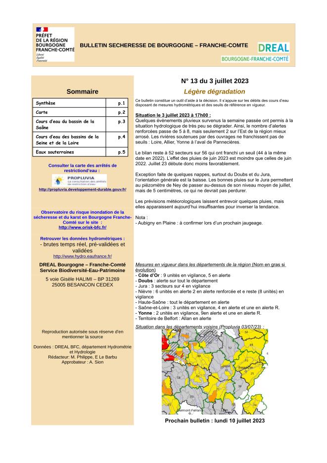 Bulletin sécheresse de Bourgogne-Franche-Comté n°13 du 3 juillet 2023