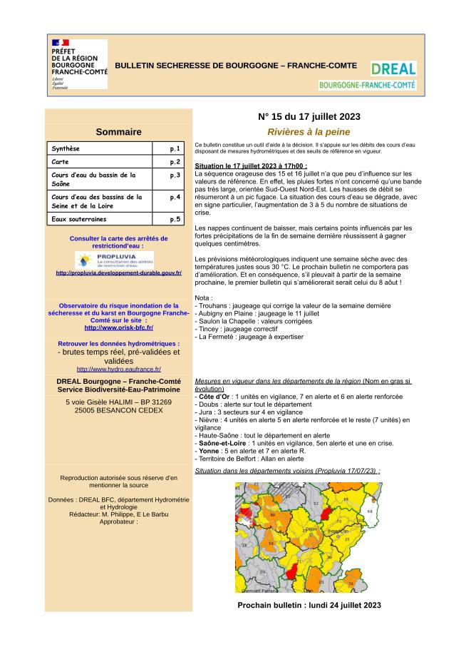 Bulletin sécheresse de Bourgogne-Franche-Comté n°15 du 17 juillet 2023