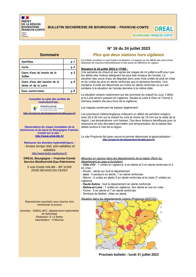 Bulletin sécheresse de Bourgogne-Franche-Comté n°16 du 24 juillet 2023