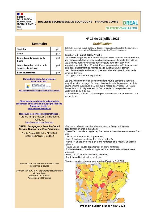 Bulletin sécheresse de Bourgogne-Franche-Comté n°17 du 31 juillet 2023