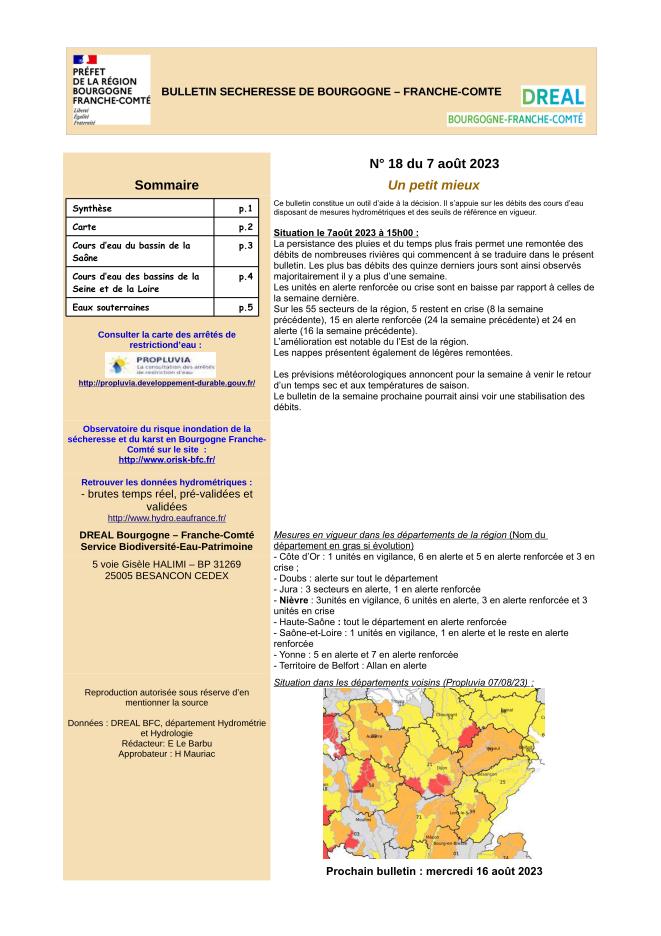 Bulletin Sécheresse de Bourgogne-Franche-Comté n°18 du 7 août 2023