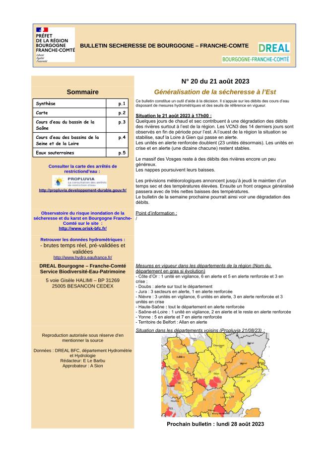 Bulletin Sécheresse de Bourgogne-Franche-Comté n°20 du 21 août 2023