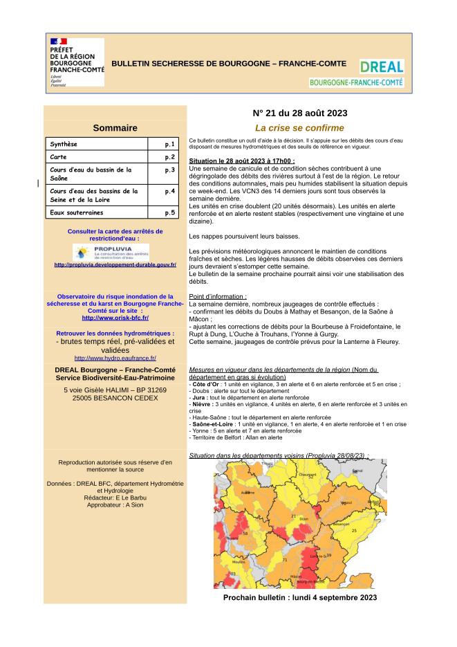 Bulletin Sécheresse de Bourgogne-Franche-Comté n°21 du 28 août 2023