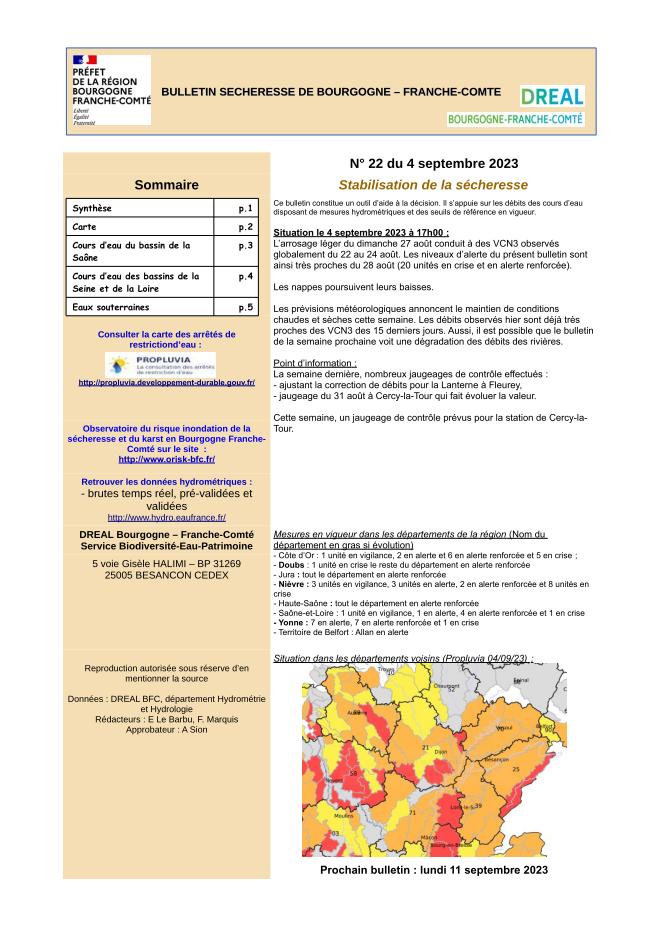 Bulletin Sécheresse de Bourgogne-Franche-Comté n°22 du 4 septembre 2023