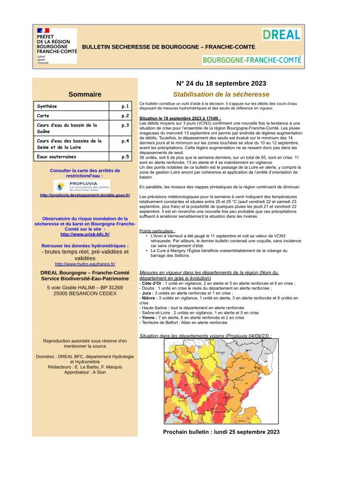 Bulletin sécheresse de Bourgogne-Franche-Comté n°24 du 18 septembre 2023