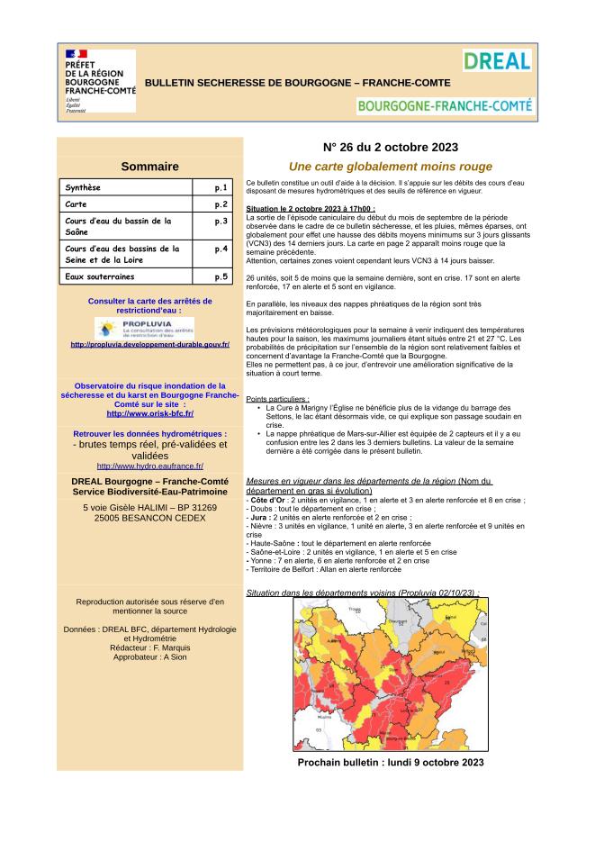 Bulletin sécheresse de Bourgogne-Franche-Comté n°26 du 2 octobre 2023