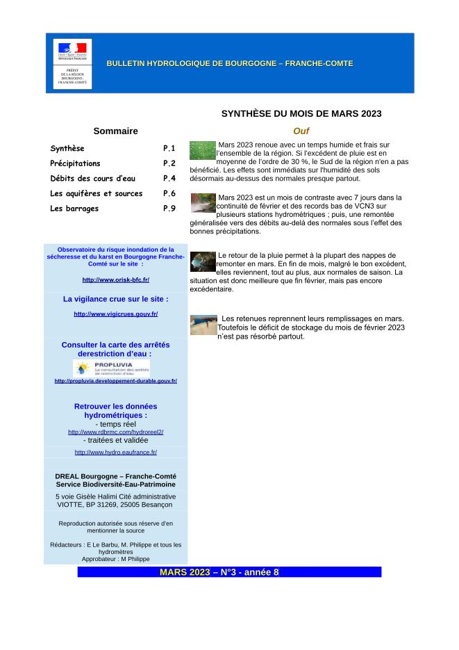 Bulletin hydrologique du mois de mars 2023 