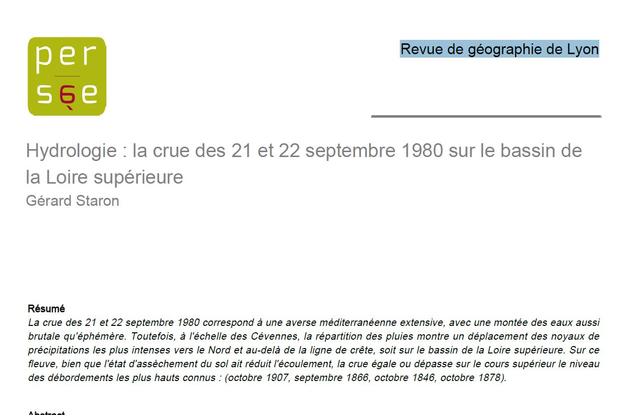 La crue des 21 et 22 septembre 1980 correspond à une averse méditerranéenne extensive, avec une montée des eaux aussi
brutale qu'éphémère.