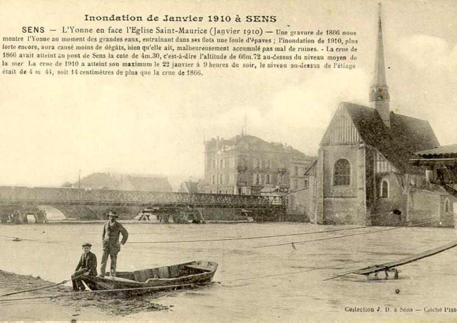 Crue de l'Yonne, en janvier 1910, à Sens, église Saint-Maurice, dans l'Yonne