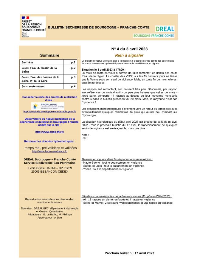 Bulletin Sécheresse de Bourgogne-Franche-Comté n°4 du 3 avril 2023