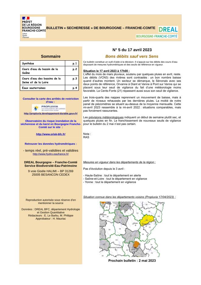 Bulletin sécheresse de Bourgogne-Franche-Comté n°5 du 17 avril 2023