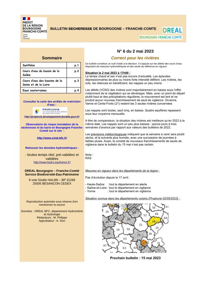 Bulletin sécheresse de Bourgogne-Franche-Comté n°6 du 2 mai 2023