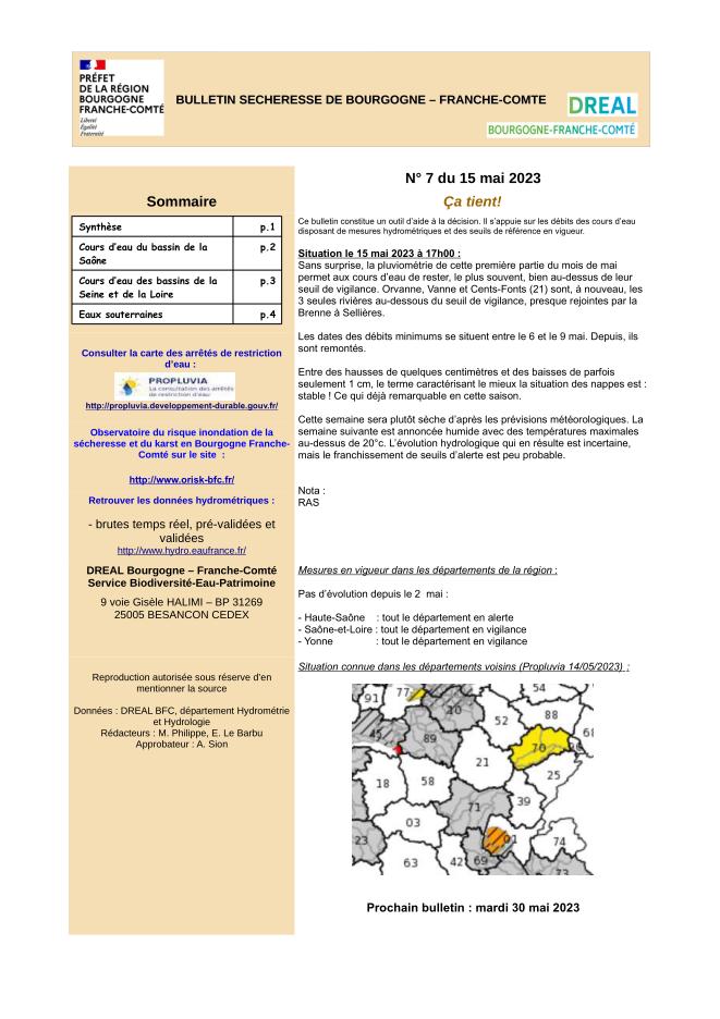 Bulletin sécheresse de Bourgogne-Franche-Comté n°7 du 15 mai 2023