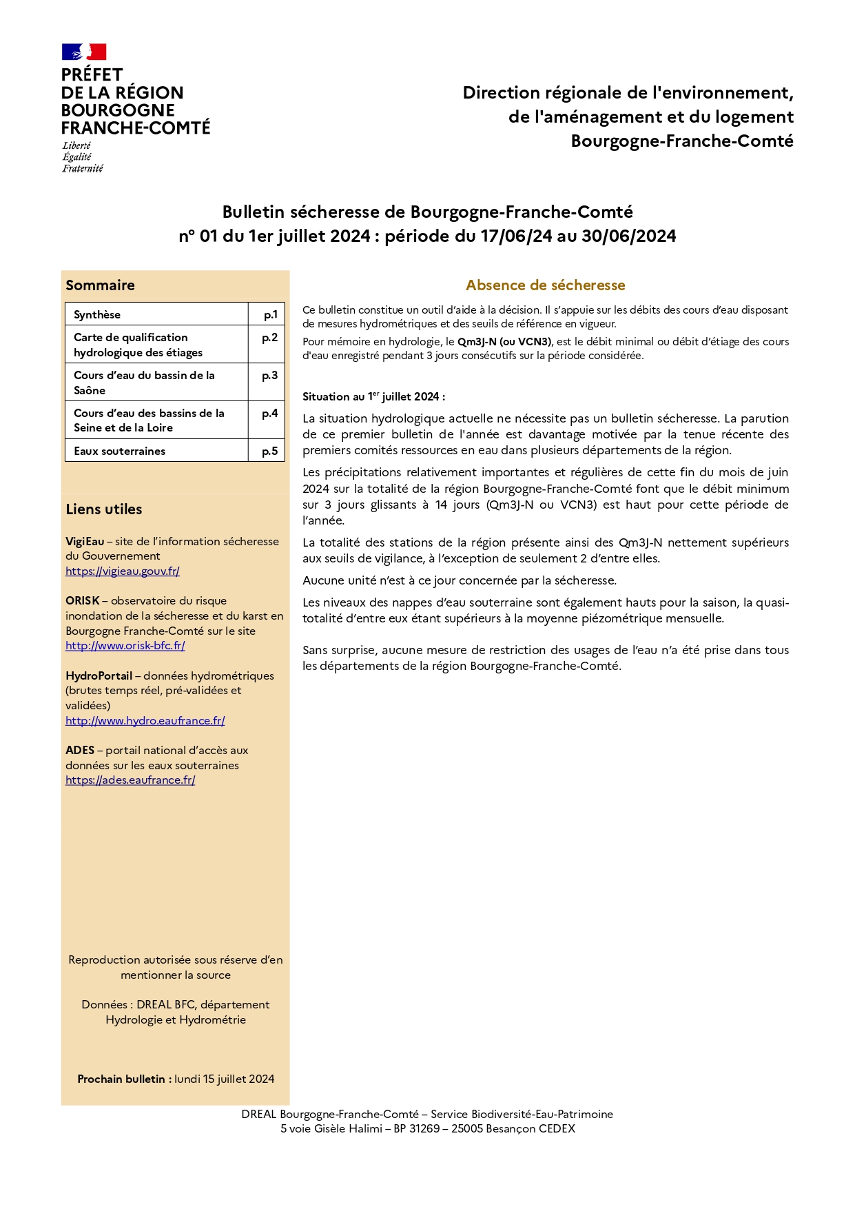 Bulletin sécheresse de Bourgogne-Franche-Comté n°1 du 1er juillet 2024 pour la période du 17 juin au 30 juin 2024