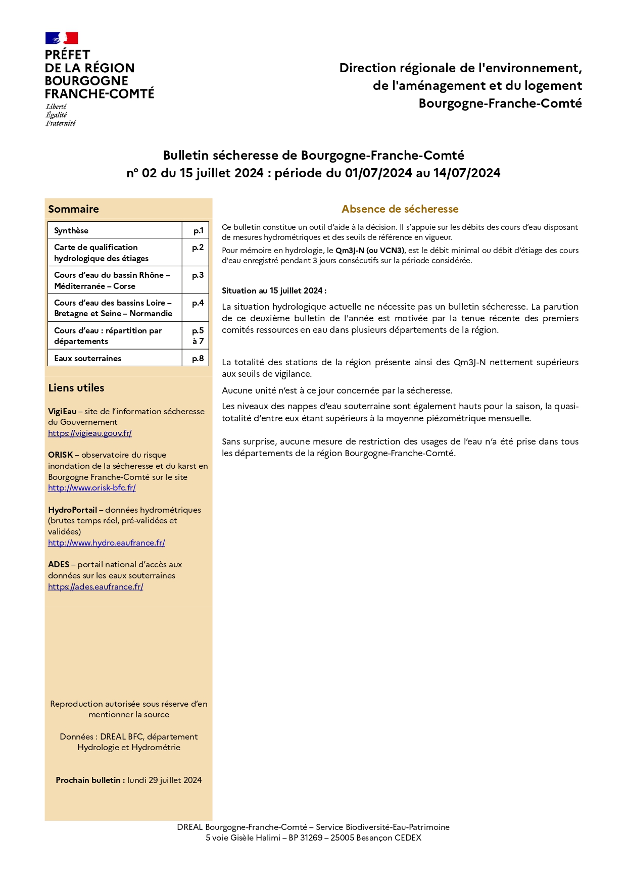 Bulletin sécheresse de Bourgogne-Franche-Comté n°02 du 15 juillet 2024 : période du 01/07/2024 au 14/07/2024