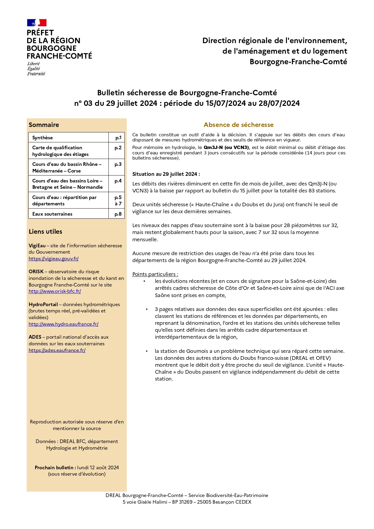 Bulletin sécheresse de Bourgogne-Franche-Comté n°3 du 29 juillet 2024 : période du 15/07/2024 au 28/07/2024