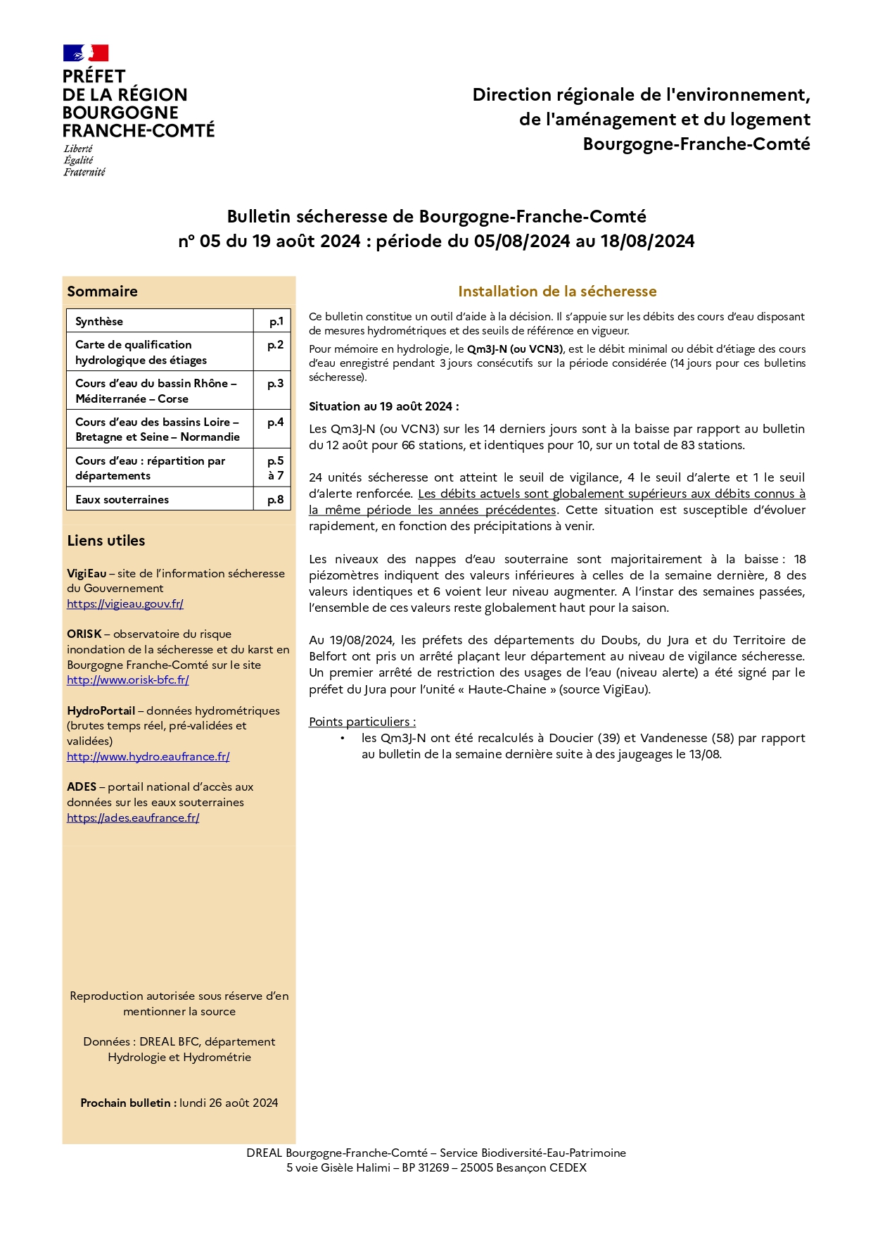 Bulletin sécheresse de Bourgogne-Franche-Comté n°05 du 19 août 2024 : période du 05-08-2024 au 18-08-2024