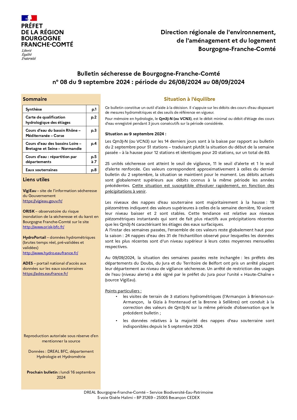 Bulletin sécheresse de Bourgogne-Franche-Comté n°08 du 9 septembre 2024 : période du 26/08/2024 au 08/09/2024