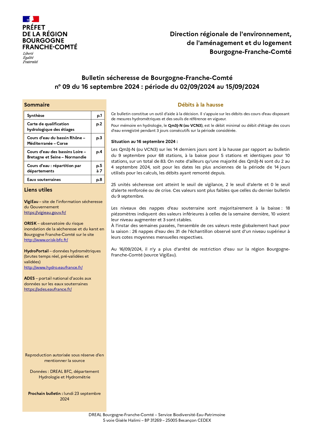 Bulletin sécheresse de Bourgogne-Franche-Comté n°09 du 16 septembre 2024 : période du 02-09-2024 au 15-09-2024