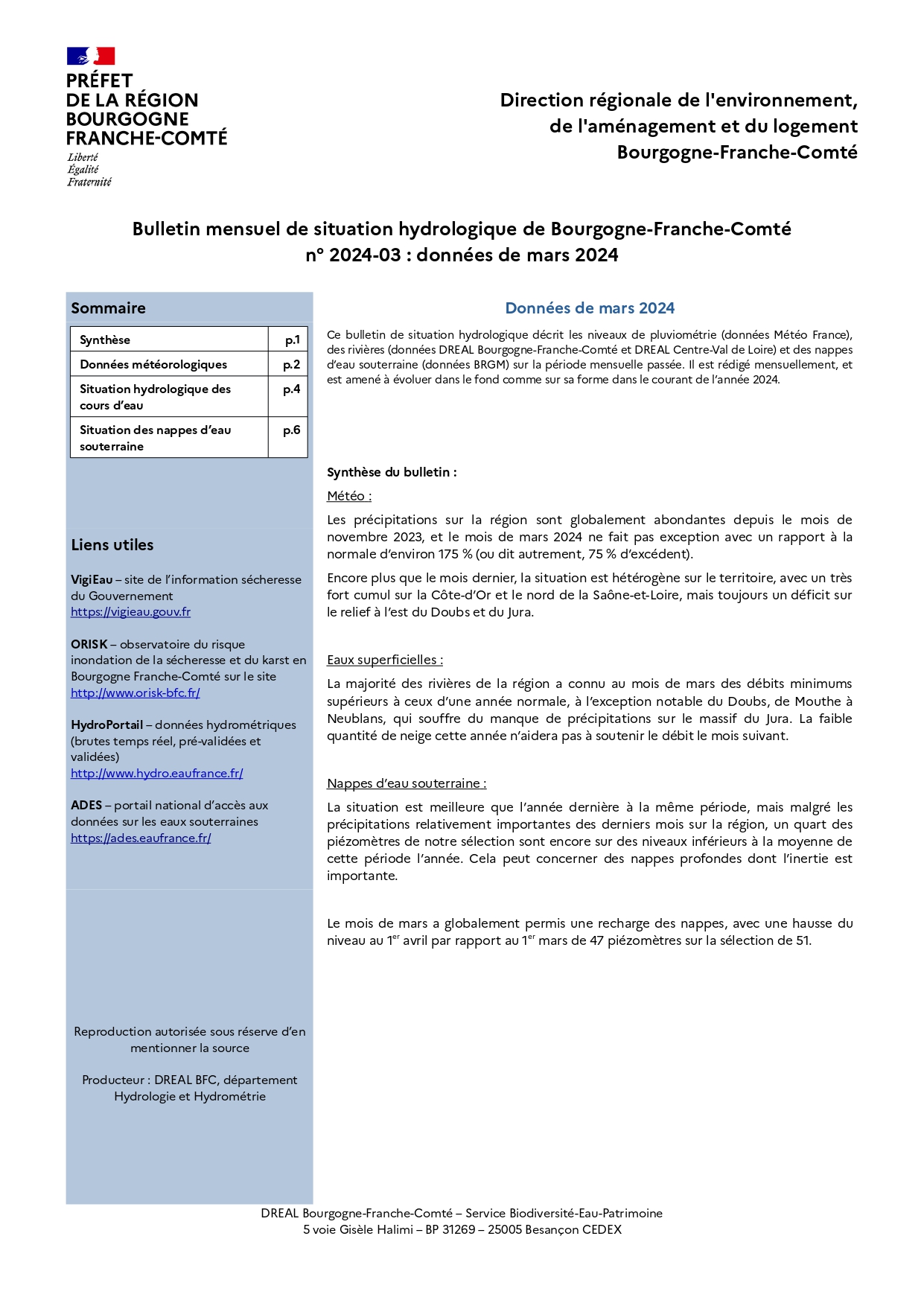 Bulletin hydrologique du mois de mars 2024