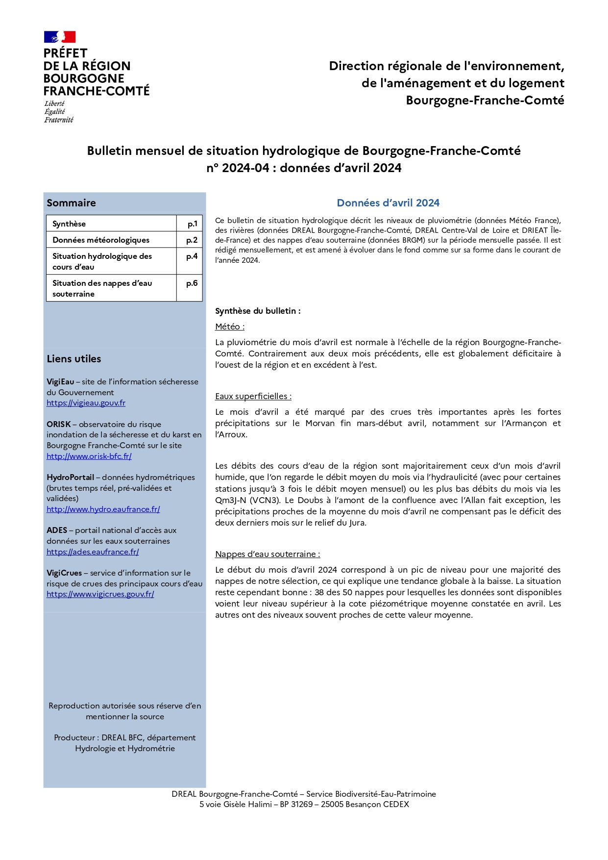 Bulletin hydrologique du mois d'avril 2024