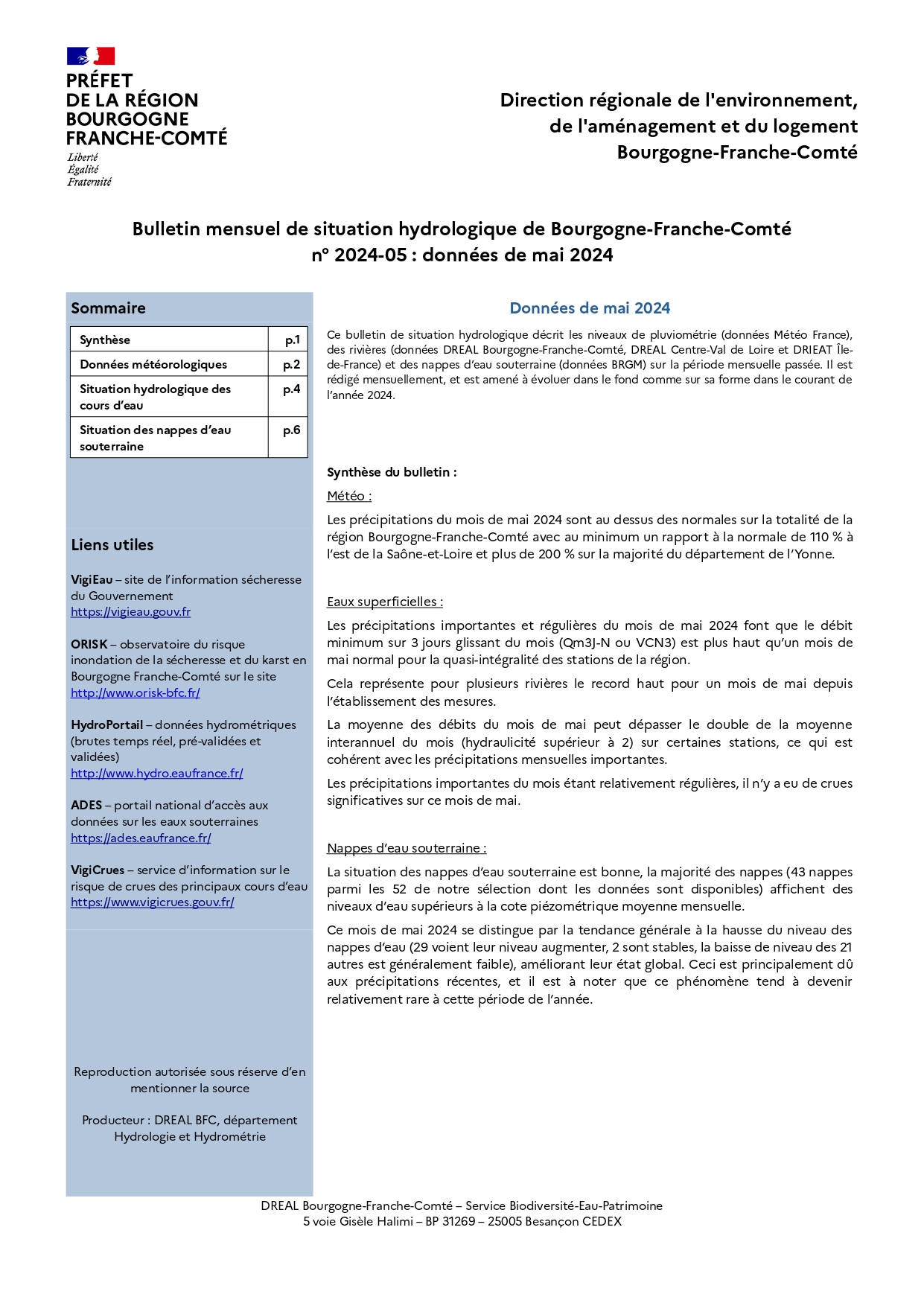 Bulletin hydrologique du mois de mai 2024