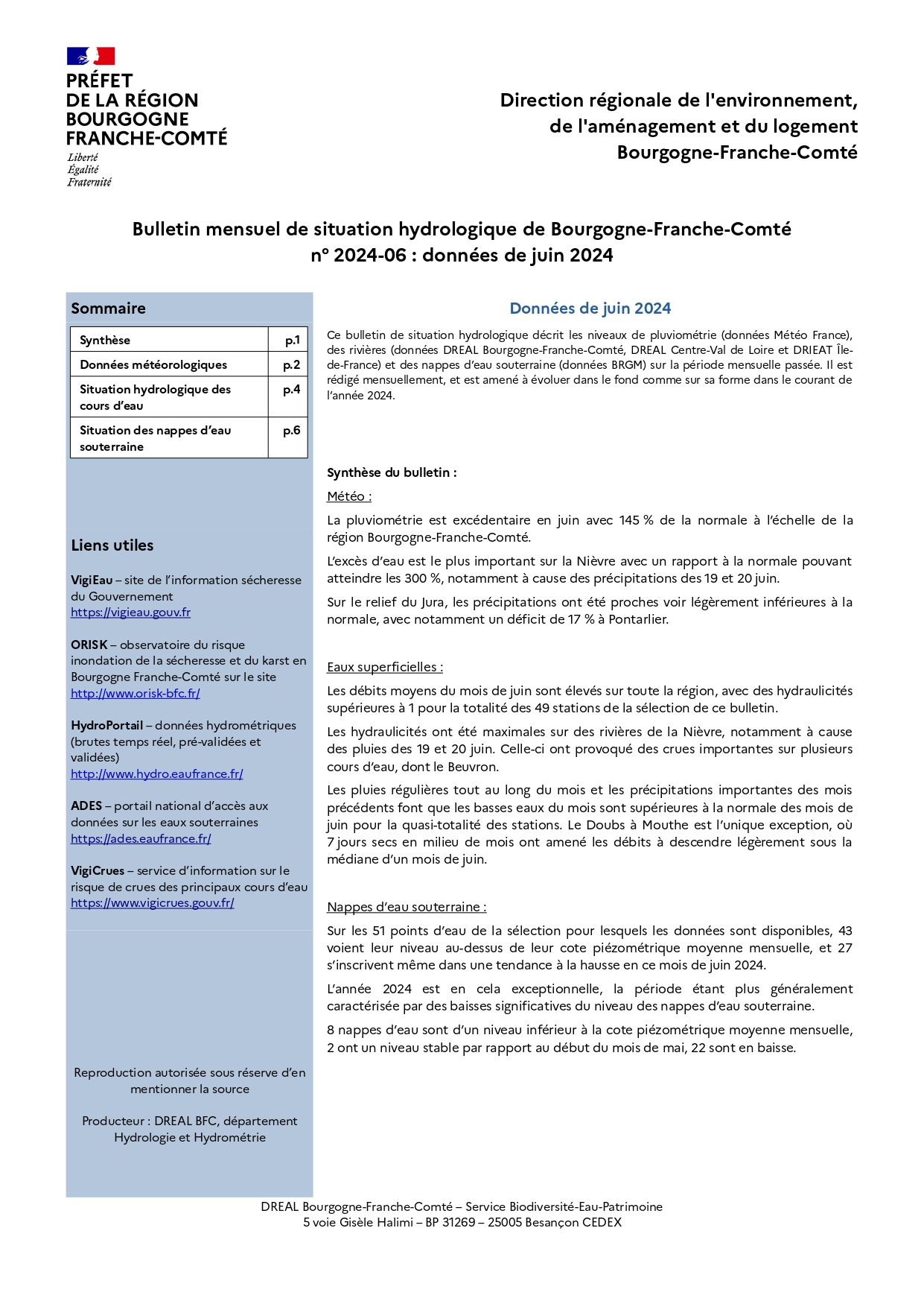 Bulletin mensuel de situation hydrologique de Bourgogne-Franche-Comté n°2024-06 : données de juin 2024