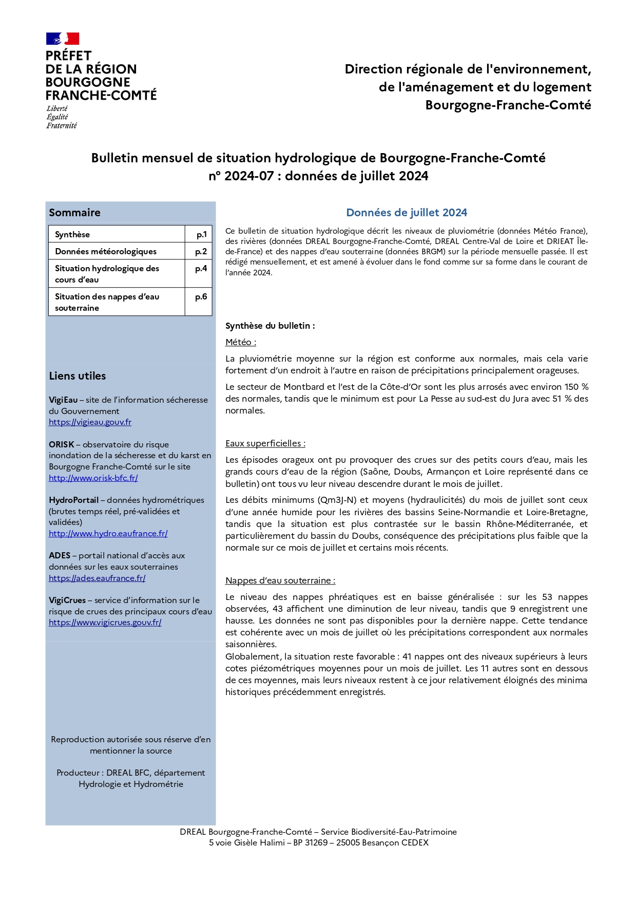 Bulletin mensuel de situation hydrologique de Bourgogne-Franche-Comté n°2024-07 : données de juillet 2024