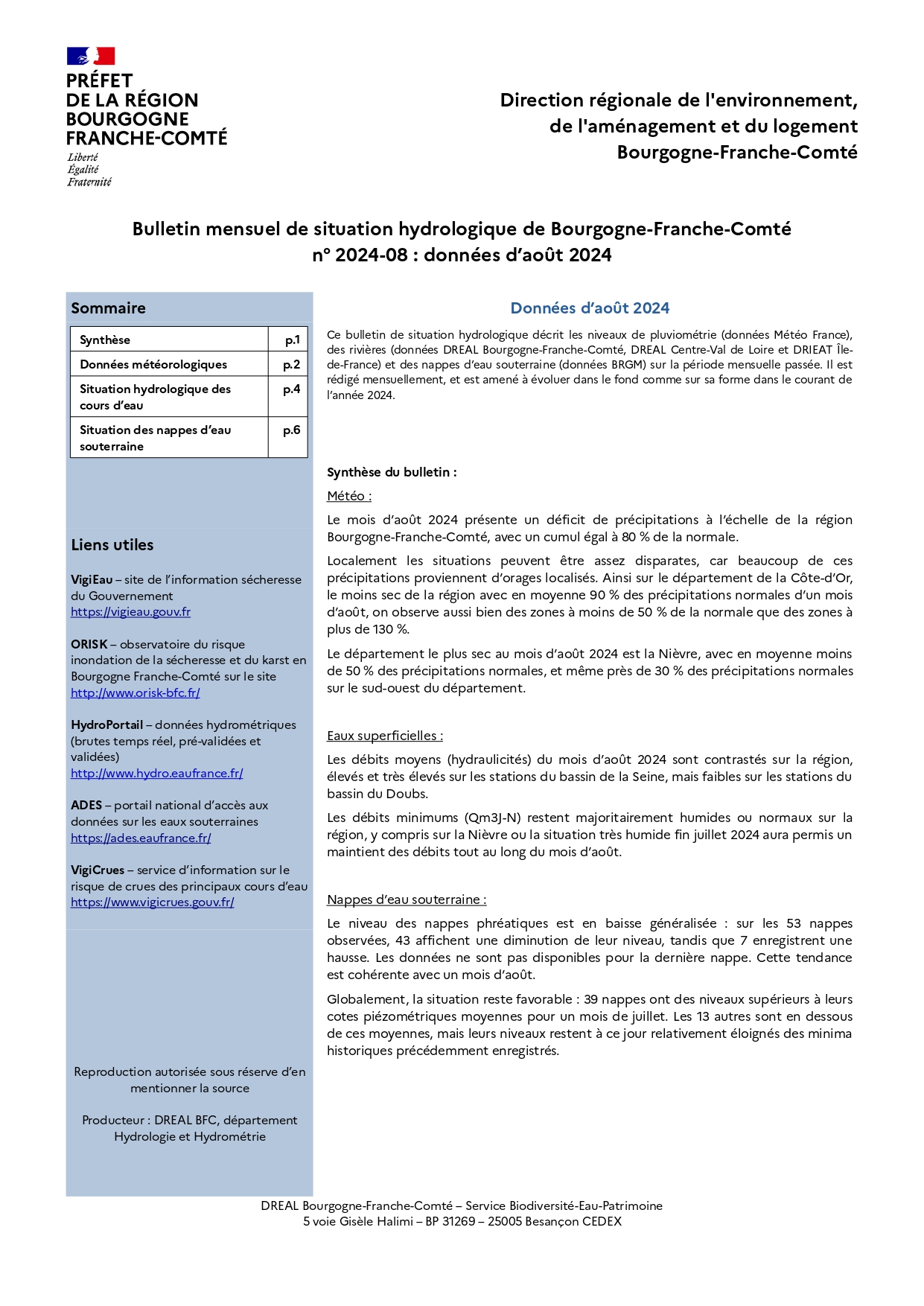 Bulletin de situation hydrologique de Bourgogne-Franche-Comté n° 2024-08 : données d'août 2024