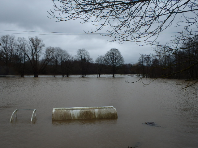 Crue de la Bourbince, en janvier 2018, à Blanzy, vers le stade, en Saône-et-Loire