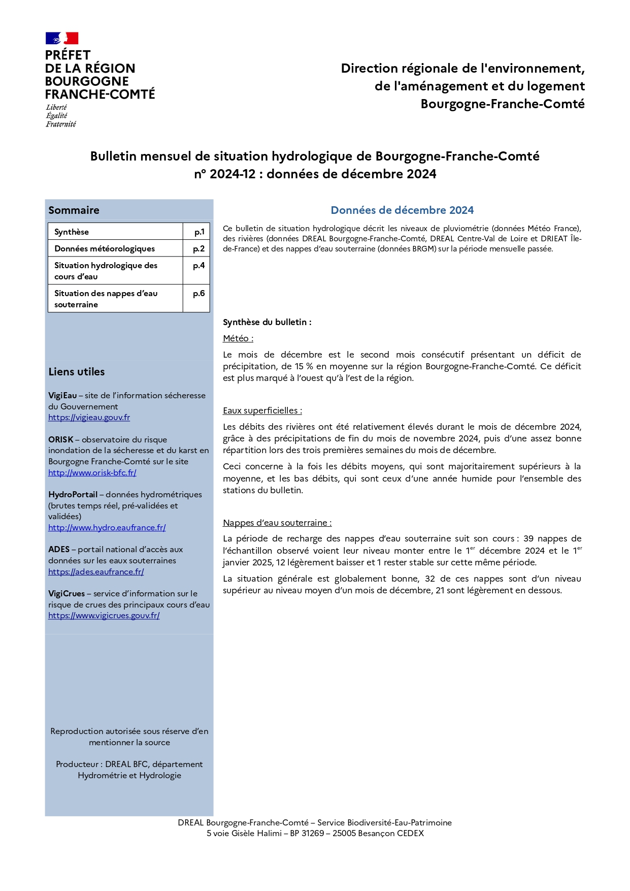 Bulletin mensuel de situation hydrologique de Bourgogne-Franche-Comté n° 2024-12 : données de décembre 2024